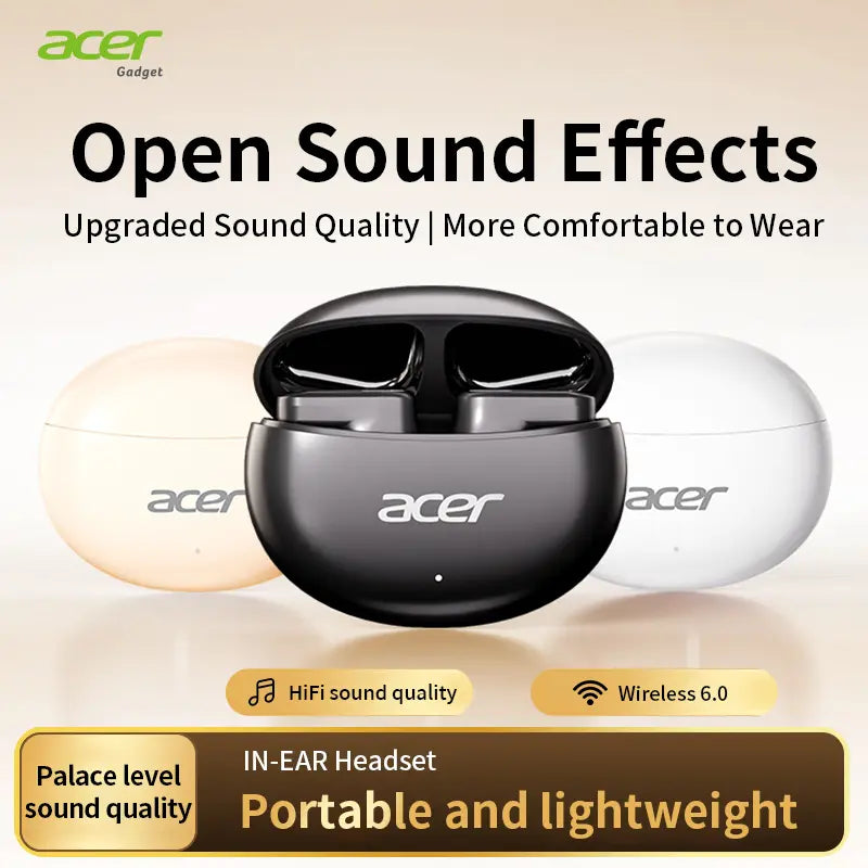 Acer OHR627 Electronic In-Ear Short-Stem Wireless Earbud - Bluetooth 5.4 Connection, ENC Noise Cancellation, 3D Surround Sound, Audio-Video Sync, Pure Vocal Mode, Long Standby, USB-C Fast Charging, Waterproof Comfort Fit