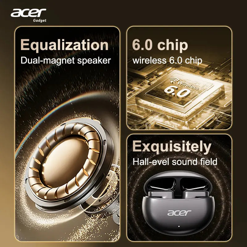 Acer OHR627 Electronic In-Ear Short-Stem Wireless Earbud - Bluetooth 5.4 Connection, ENC Noise Cancellation, 3D Surround Sound, Audio-Video Sync, Pure Vocal Mode, Long Standby, USB-C Fast Charging, Waterproof Comfort Fit