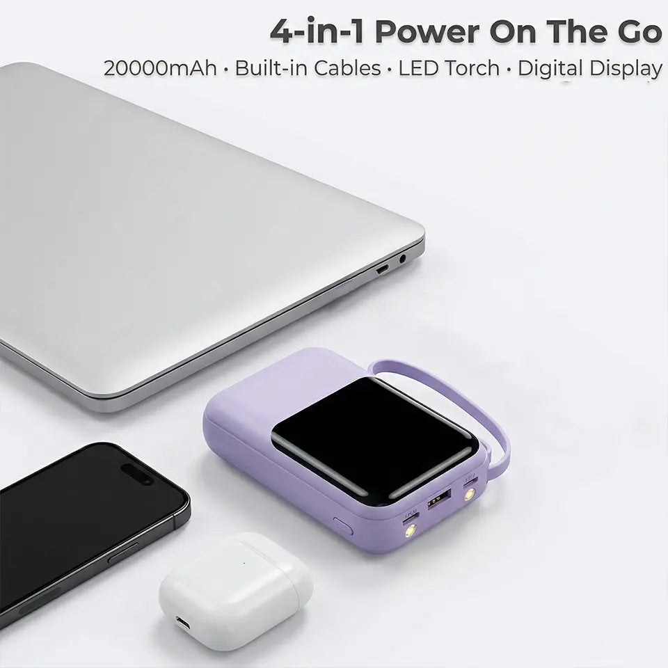 20000Mah Portable Power Bank (Portable Charger) with Built-In 4 Retractable Cables, LED Digital Display, Dual USB Output, LED Light Flashlight, Lanyard, Micro Plug for Mobile Devices, Iphone, Android Smartphones & Electronics (Device Protection Included)