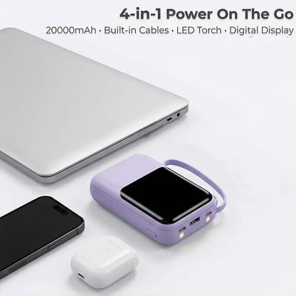 20000Mah Portable Power Bank (Portable Charger) with Built-In 4 Retractable Cables, LED Digital Display, Dual USB Output, LED Light Flashlight, Lanyard, Micro Plug for Mobile Devices, Iphone, Android Smartphones & Electronics (Device Protection Included)