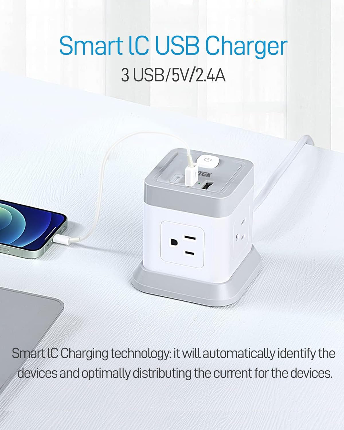 Power Strip with USB-C, 4 AC Outlets, 3 USB Ports, 5 FT Extension Cord - White
