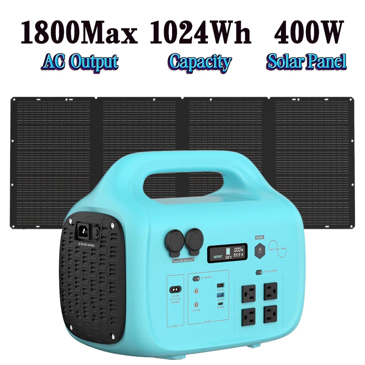 Tik Portable Power Bank - 1800W/1024Wh Lifepo4 Unit, 1.5H Fast Charging, UPS Function, 4X1800W AC/100W USB-C Output, Solar Energy Storage Power Supplies for Camping, RV Travel, Home Use (200W/400W Solar Panel Optional)