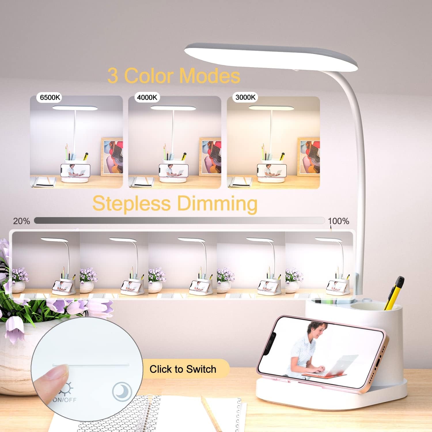 Rechargeable LED Desk Lamp with Touch Control, Stepless Dimming, 3 Color Modes, Pen Holder, and Night Light - Gooseneck Design for Home Office, Study, and Reading