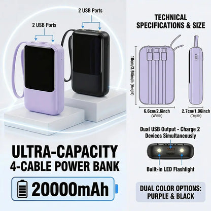 20000Mah Portable Power Bank (Portable Charger) with Built-In 4 Retractable Cables, LED Digital Display, Dual USB Output, LED Light Flashlight, Lanyard, Micro Plug for Mobile Devices, Iphone, Android Smartphones & Electronics (Device Protection Included)
