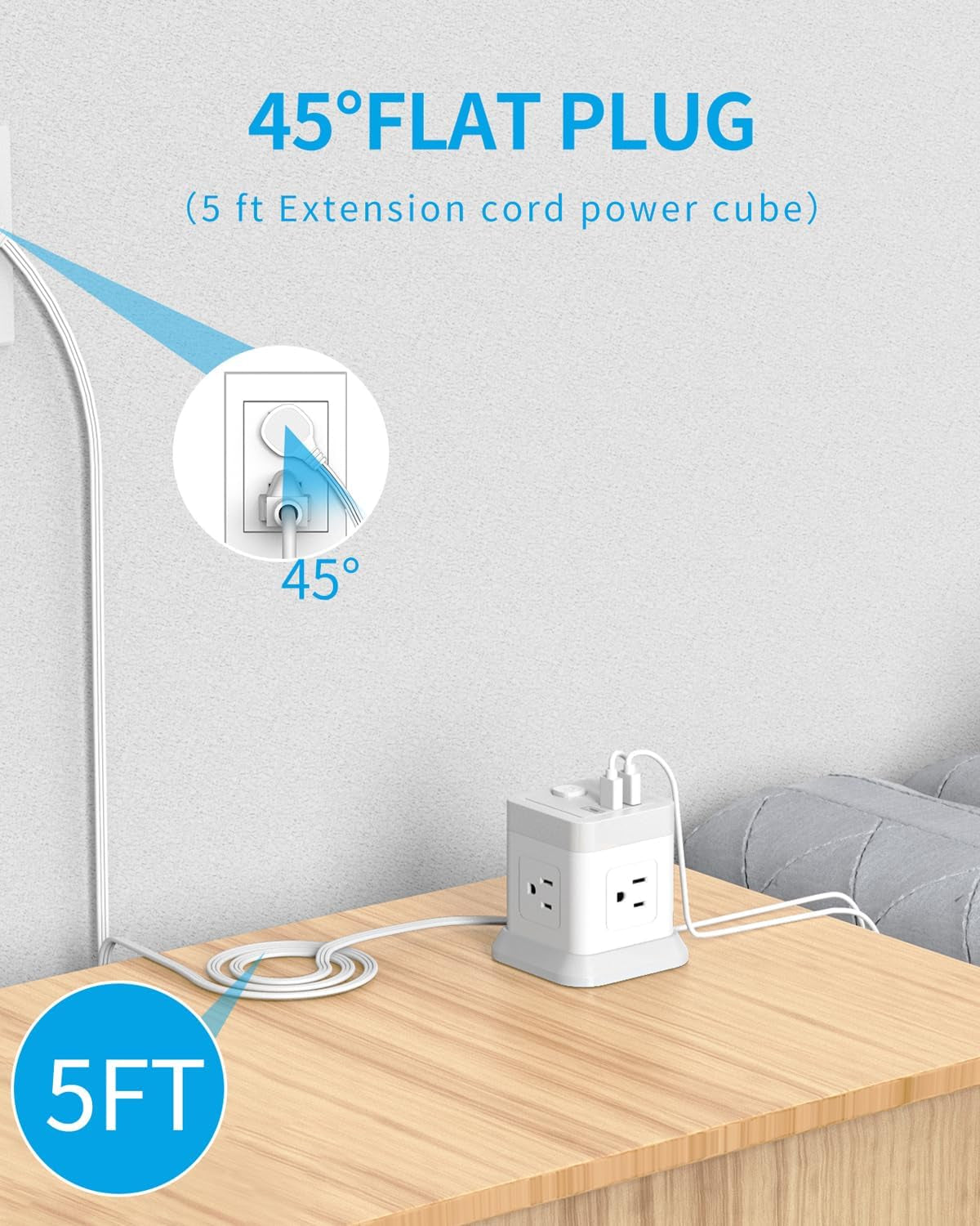 Power Strip with USB-C, 4 AC Outlets, 3 USB Ports, 5 FT Extension Cord - White