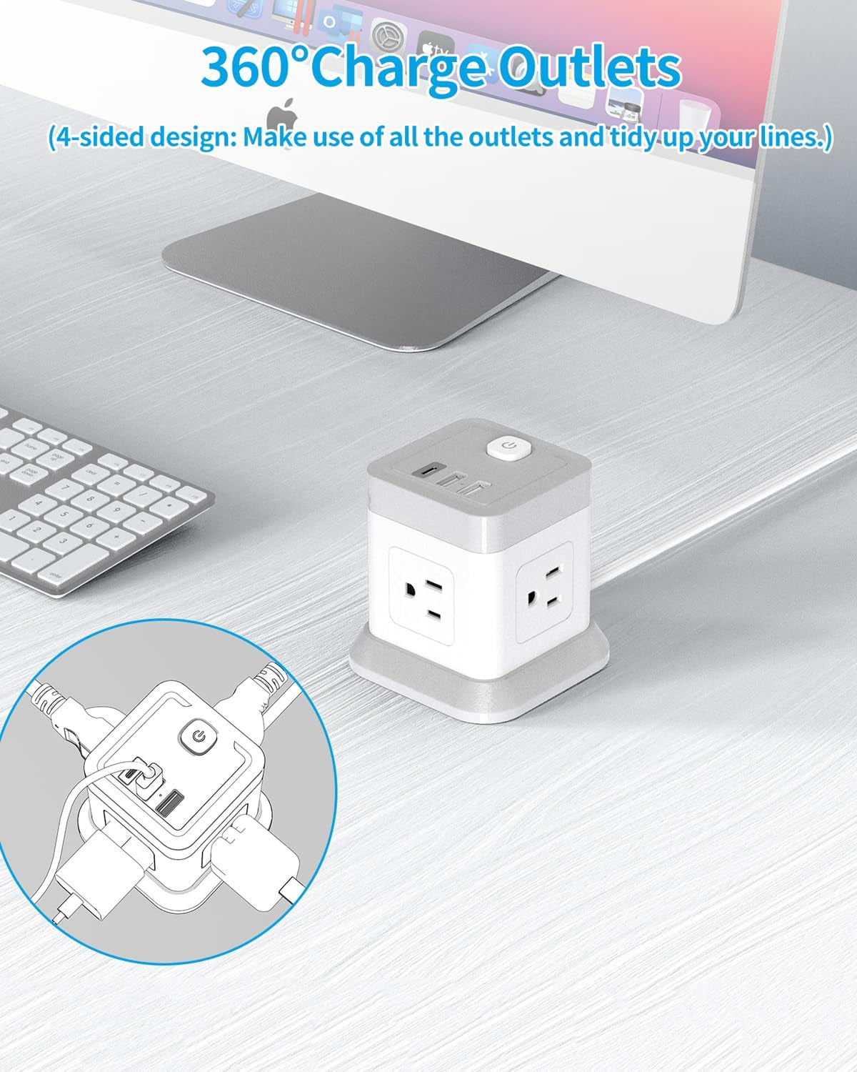Power Strip with USB-C, 4 AC Outlets, 3 USB Ports, 5 FT Extension Cord - White