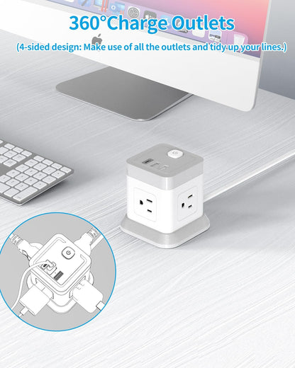 Power Strip with USB-C, 4 AC Outlets, 3 USB Ports, 5 FT Extension Cord - White