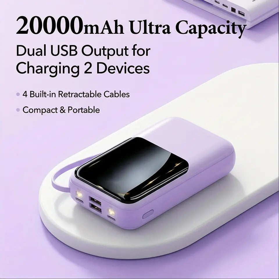 20000Mah Portable Power Bank (Portable Charger) with Built-In 4 Retractable Cables, LED Digital Display, Dual USB Output, LED Light Flashlight, Lanyard, Micro Plug for Mobile Devices, Iphone, Android Smartphones & Electronics (Device Protection Included)
