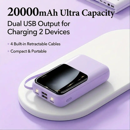 20000Mah Portable Power Bank (Portable Charger) with Built-In 4 Retractable Cables, LED Digital Display, Dual USB Output, LED Light Flashlight, Lanyard, Micro Plug for Mobile Devices, Iphone, Android Smartphones & Electronics (Device Protection Included)