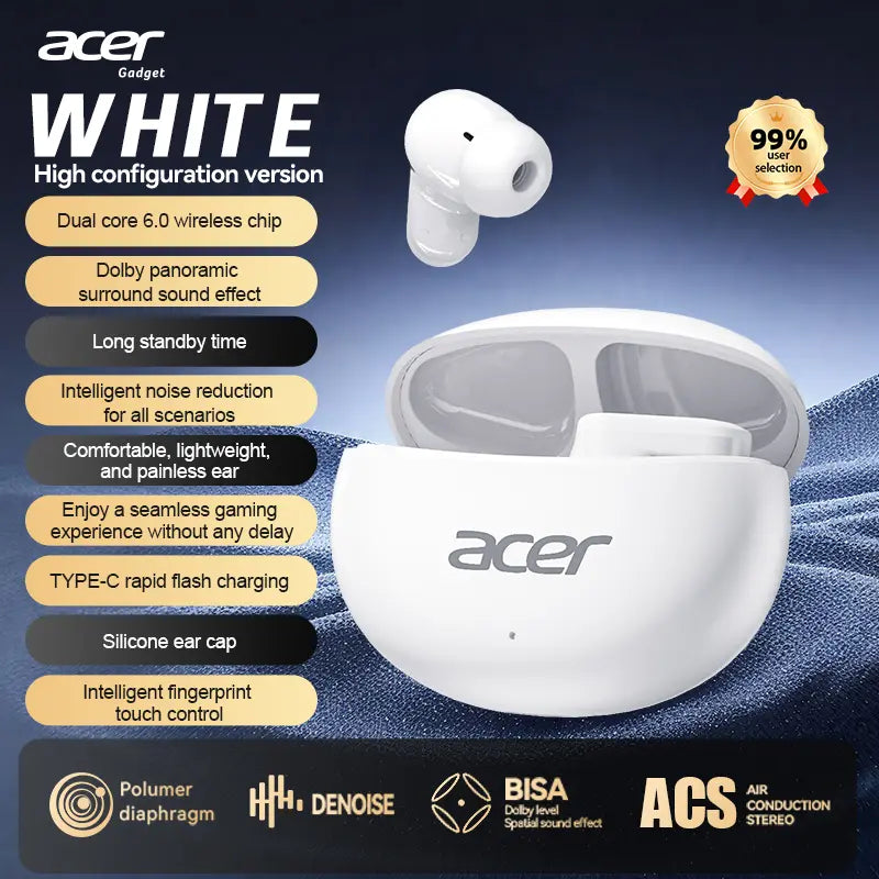 Acer OHR627 Electronic In-Ear Short-Stem Wireless Earbud - Bluetooth 5.4 Connection, ENC Noise Cancellation, 3D Surround Sound, Audio-Video Sync, Pure Vocal Mode, Long Standby, USB-C Fast Charging, Waterproof Comfort Fit