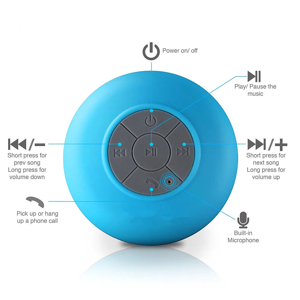 Compact Waterproof Bluetooth Speaker with Suction Cup and Hands-Free Microphone for Shower, Pool, Beach, and Car Use