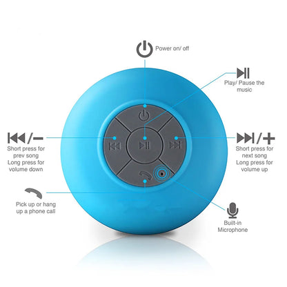 Compact Waterproof Bluetooth Speaker with Suction Cup and Hands-Free Microphone for Shower, Pool, Beach, and Car Use