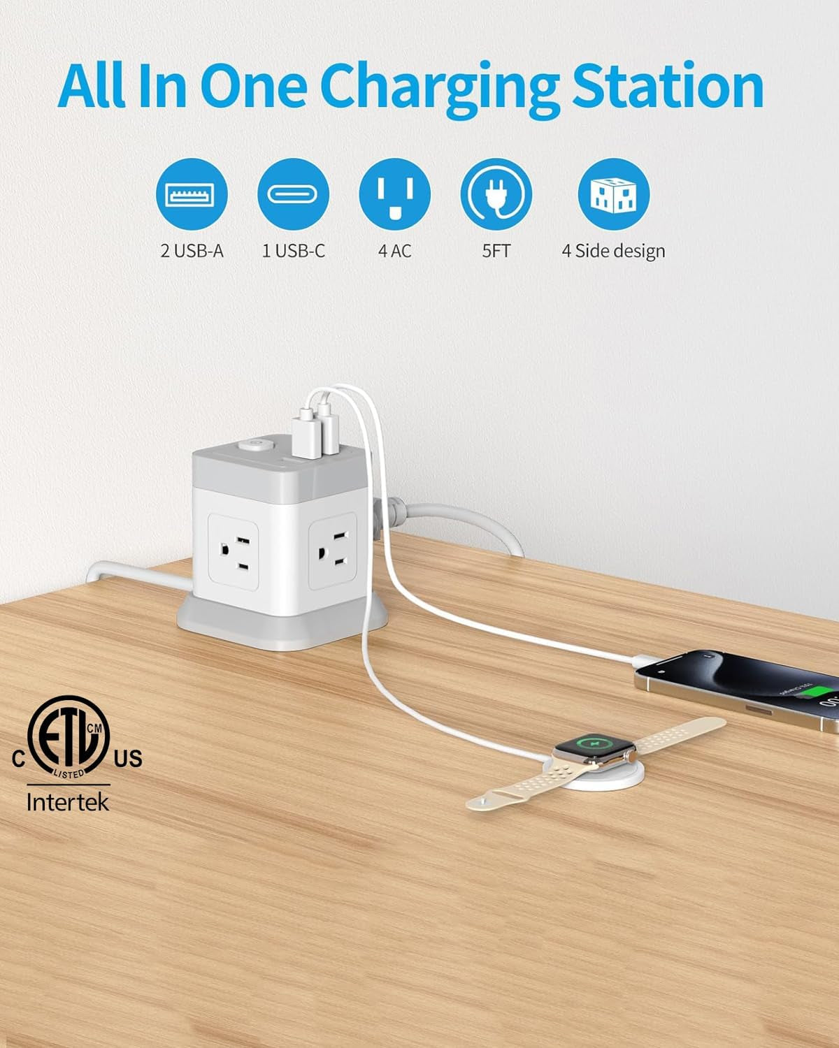 Power Strip with USB-C, 4 AC Outlets, 3 USB Ports, 5 FT Extension Cord - White