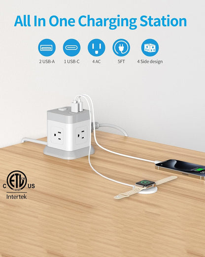 Power Strip with USB-C, 4 AC Outlets, 3 USB Ports, 5 FT Extension Cord - White