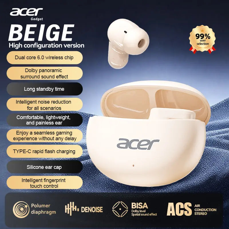 Acer OHR627 Electronic In-Ear Short-Stem Wireless Earbud - Bluetooth 5.4 Connection, ENC Noise Cancellation, 3D Surround Sound, Audio-Video Sync, Pure Vocal Mode, Long Standby, USB-C Fast Charging, Waterproof Comfort Fit