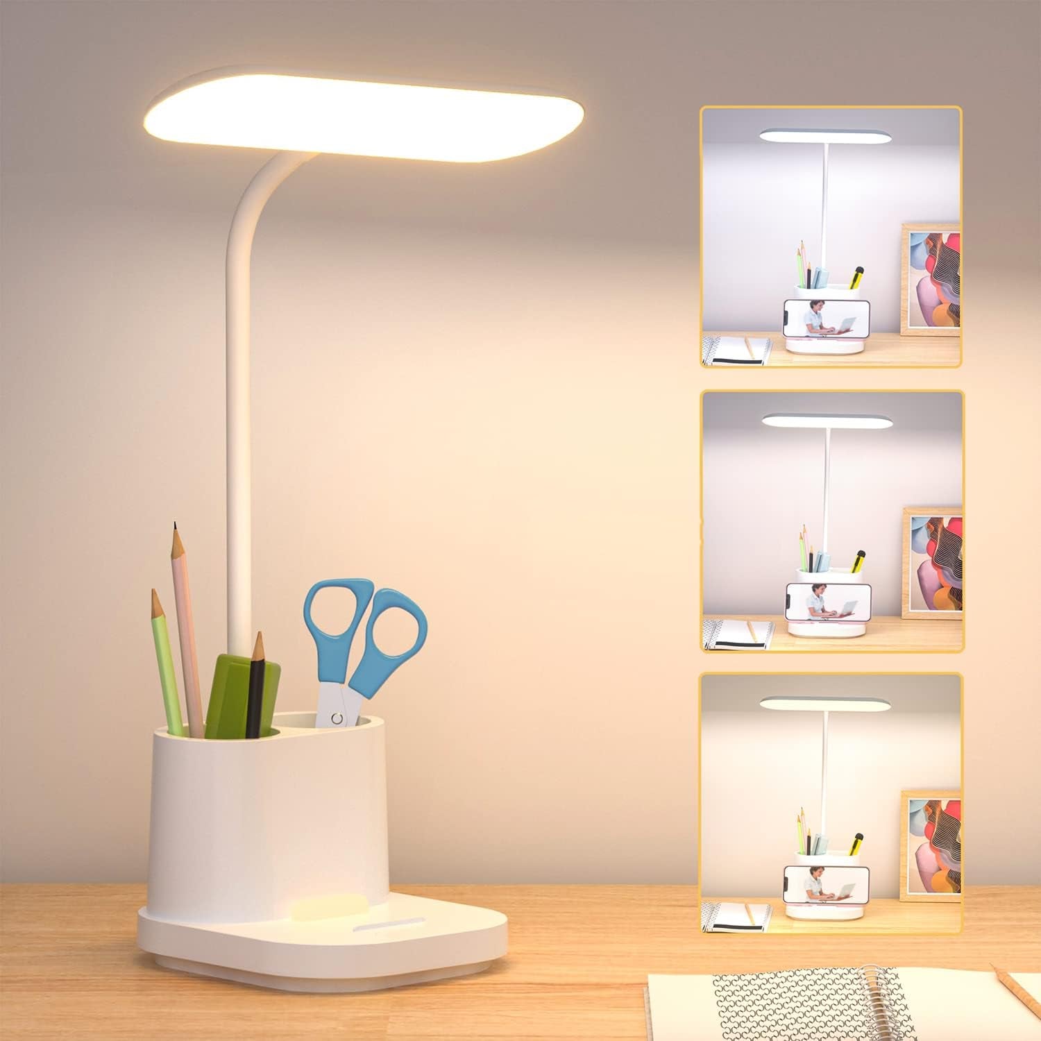Rechargeable LED Desk Lamp with Touch Control, Stepless Dimming, 3 Color Modes, Pen Holder, and Night Light - Gooseneck Design for Home Office, Study, and Reading