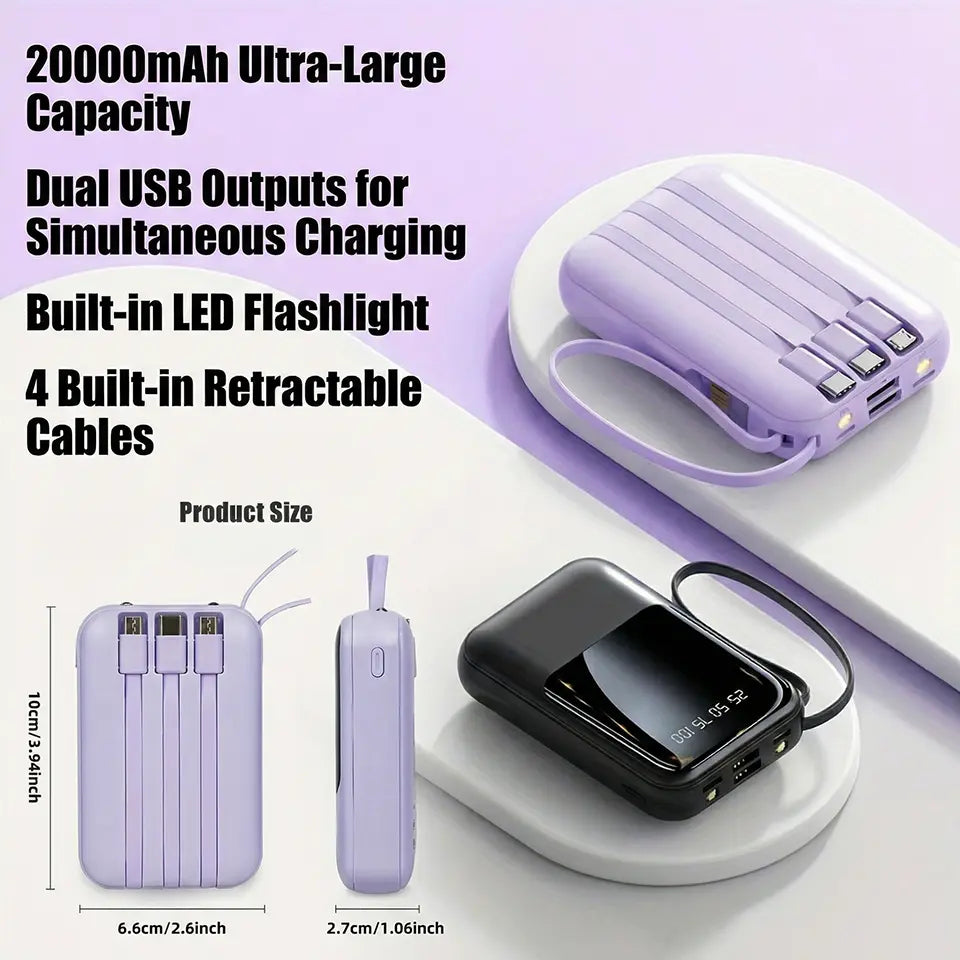 20000Mah Portable Power Bank (Portable Charger) with Built-In 4 Retractable Cables, LED Digital Display, Dual USB Output, LED Light Flashlight, Lanyard, Micro Plug for Mobile Devices, Iphone, Android Smartphones & Electronics (Device Protection Included)
