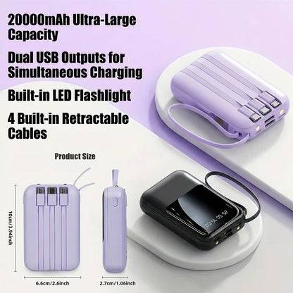 20000Mah Portable Power Bank (Portable Charger) with Built-In 4 Retractable Cables, LED Digital Display, Dual USB Output, LED Light Flashlight, Lanyard, Micro Plug for Mobile Devices, Iphone, Android Smartphones & Electronics (Device Protection Included)