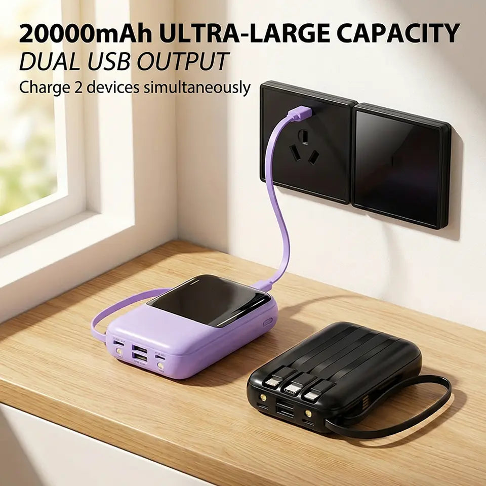 20000Mah Portable Power Bank (Portable Charger) with Built-In 4 Retractable Cables, LED Digital Display, Dual USB Output, LED Light Flashlight, Lanyard, Micro Plug for Mobile Devices, Iphone, Android Smartphones & Electronics (Device Protection Included)